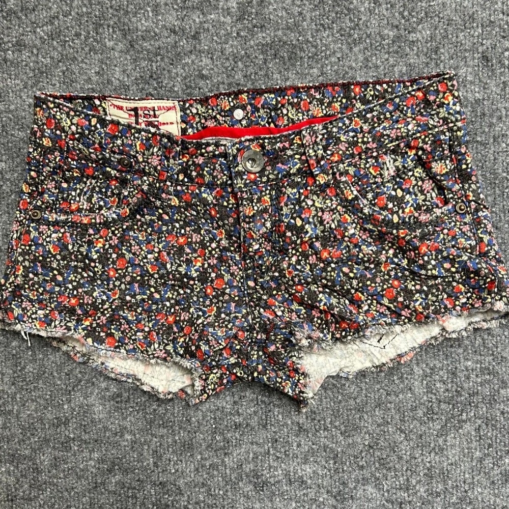 1st Kiss Shorts Womens Size 7 Multicolor Floral Denim Cutoff Low Rise Stretch